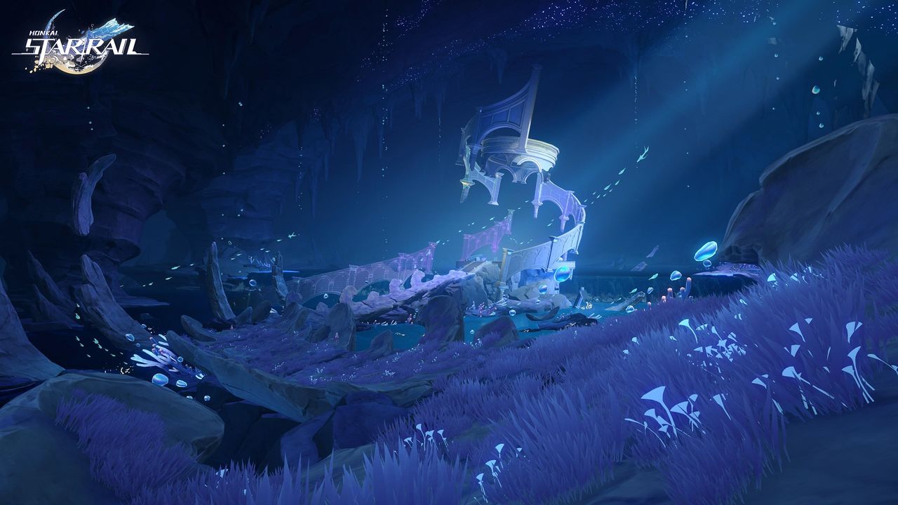 A shot of the new area in Styxia from Honkai Star Rail, showing a crumbled stone building in a field of purple grass at night