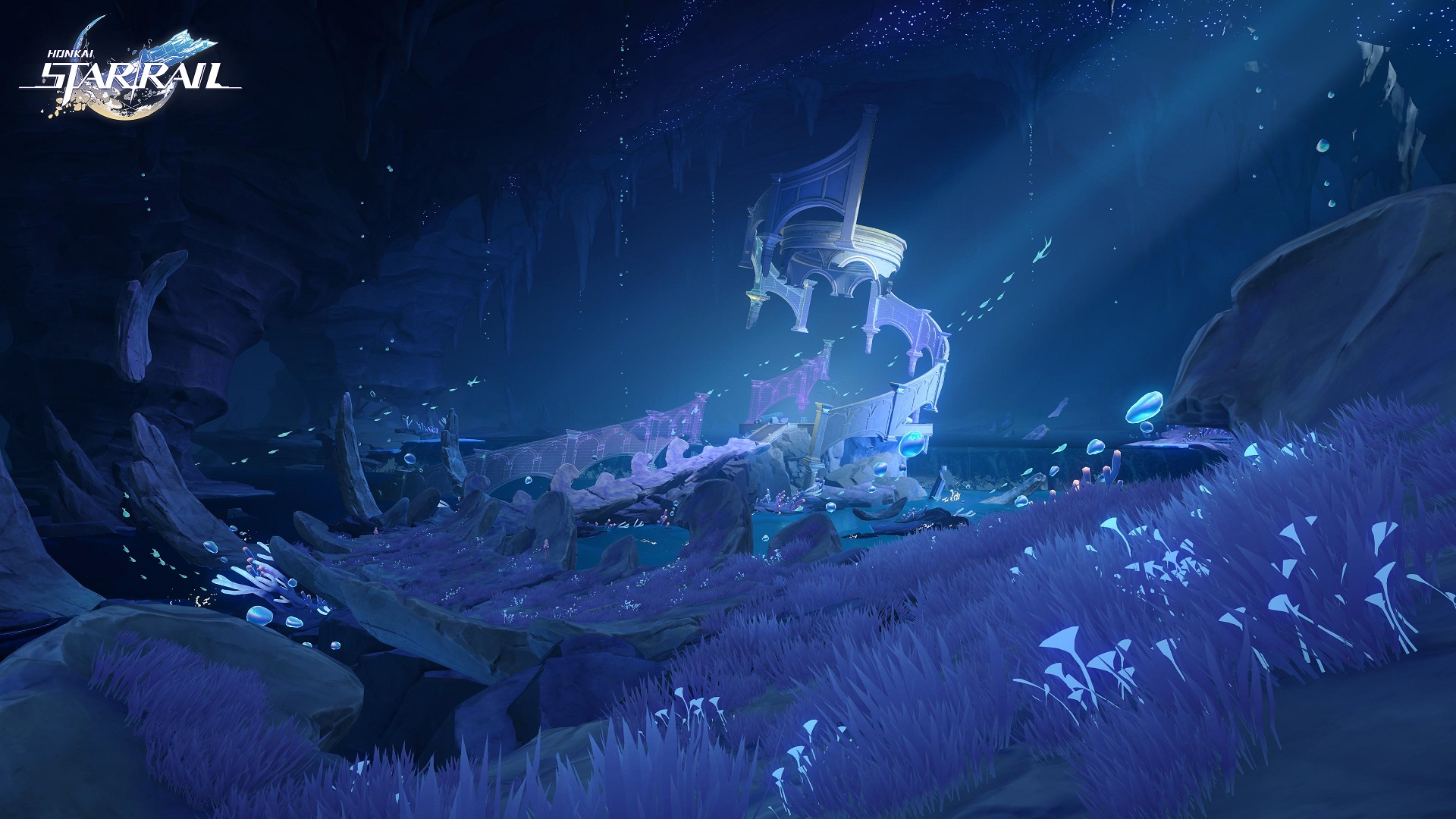 A shot of the new area in Styxia from Honkai Star Rail, showing a crumbled stone building in a field of purple grass at night