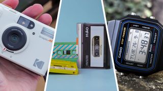 A retro film camera, cassette player and Casio watch