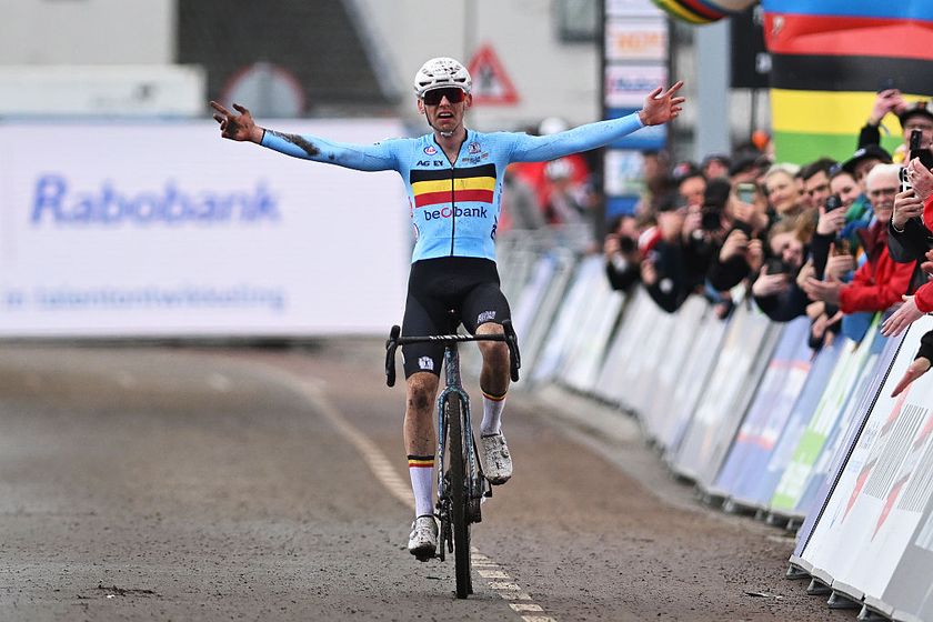 HULST, NETHERLANDS - JANUARY 31: Aaron Dockx and Team Belgium celebrates at finish line as gold medalist winner during the 77th UCI Cyclo-Cross World Championships 2026 - Men&amp;apos;s U23 on January 31, 2026 in Hulst, Netherlands. (Photo by Luc Claessen/Getty Images)