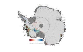 This map shows changes to the Antarctic ice sheet’s thickness from 1992 to 2017. 