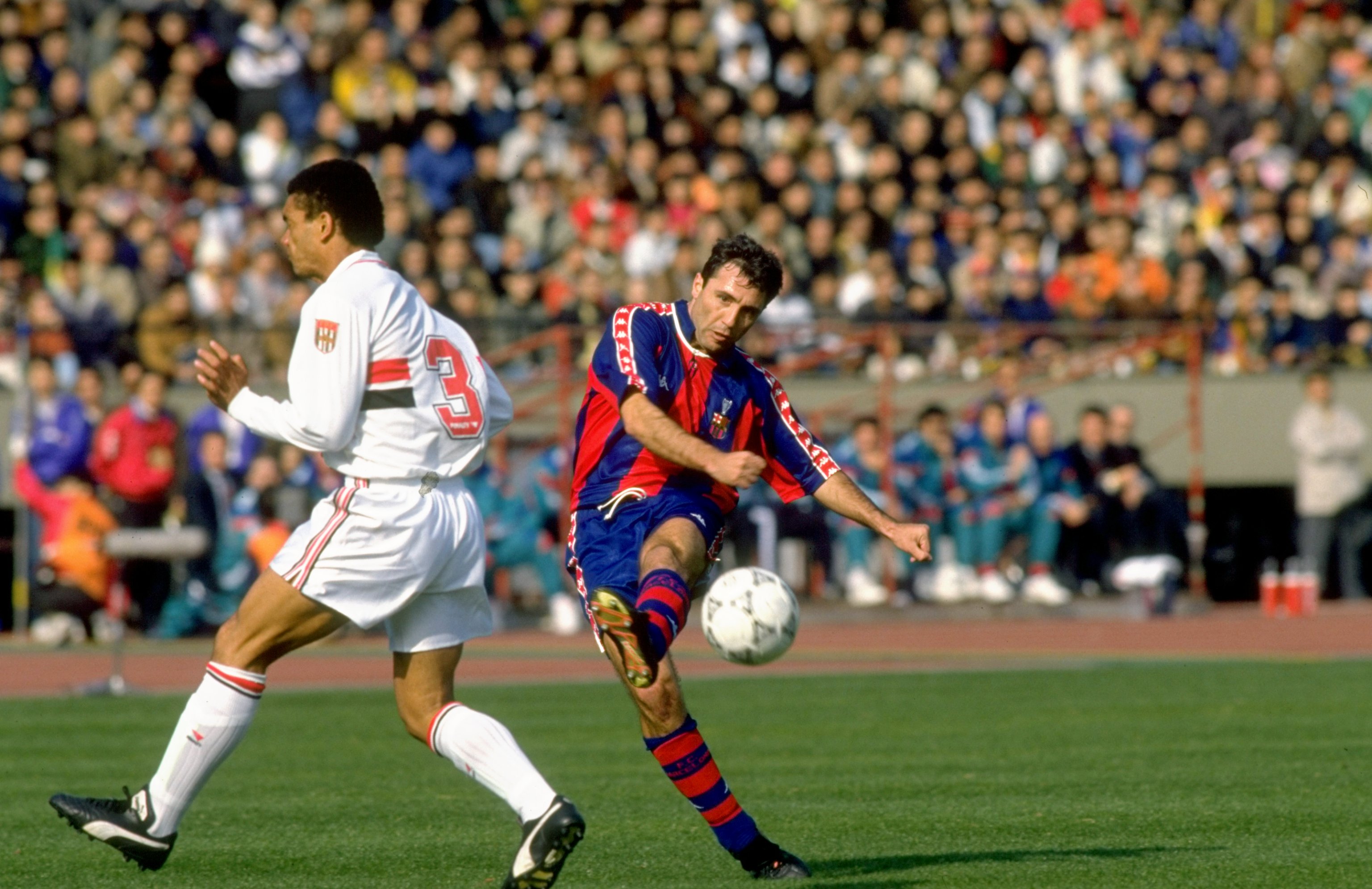 Hristo Stoichkov in action for Barcelona against Sao Paulo in the Intercontinental Cup in December 1992.