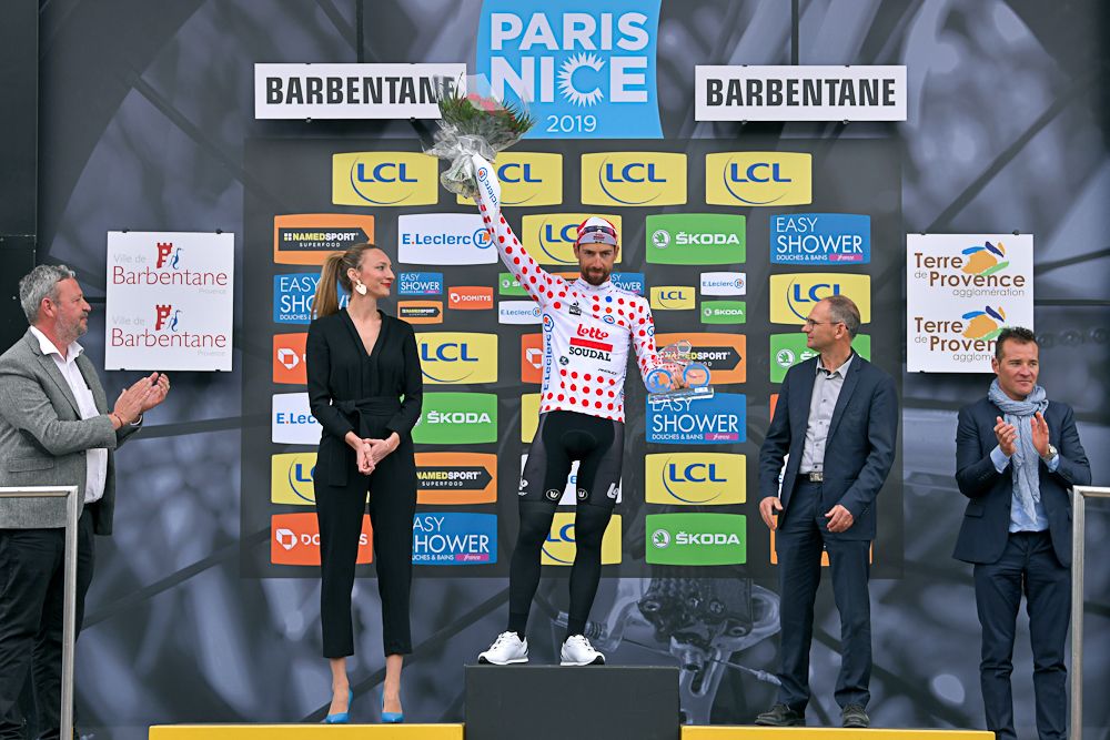 Thomas De Gendt in polka dots after stage 5 at Paris-Nice