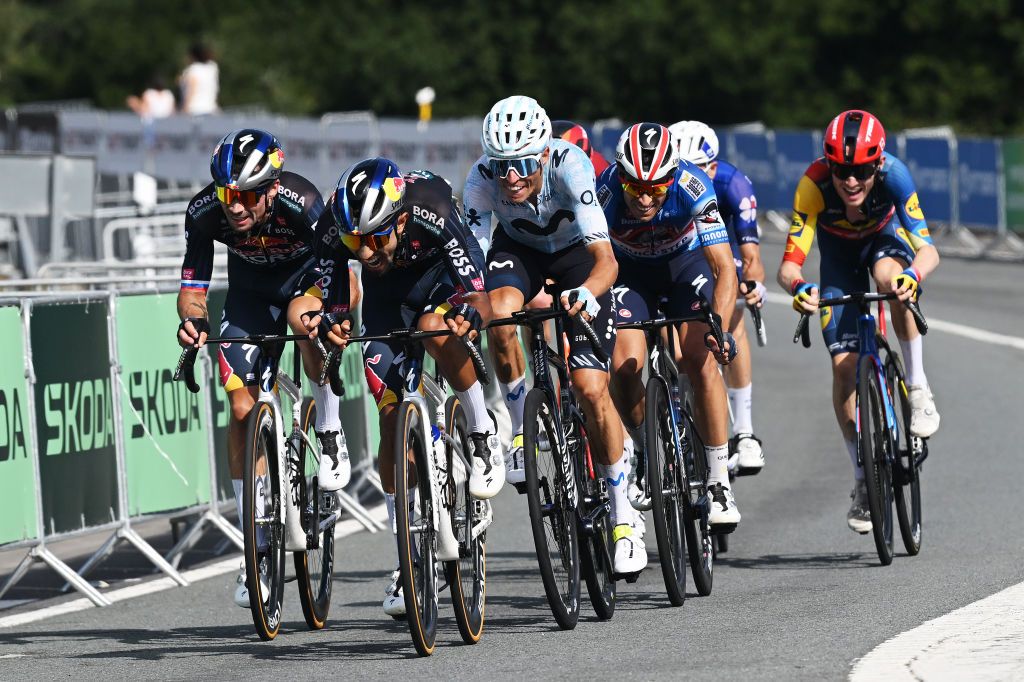 PADRON SPAIN AUGUST 28 LR Primoz Roglic of Slovenia Daniel Martinez of Colombia and Team Red Bull Bora hansgrohe Enric Mas of Spain and Team Movistar Mikel Landa of Spain and Team TRex Quick Step and Mattias Skjelmose Jensen of Denmark and Team Lidl Trek compete during the La Vuelta 79th Tour of Spain 2024 Day 11 a 1665km stage from Padron to Padron UCIWT on August 28 2024 in Padron Spain Photo by Dario BelingheriGetty Images