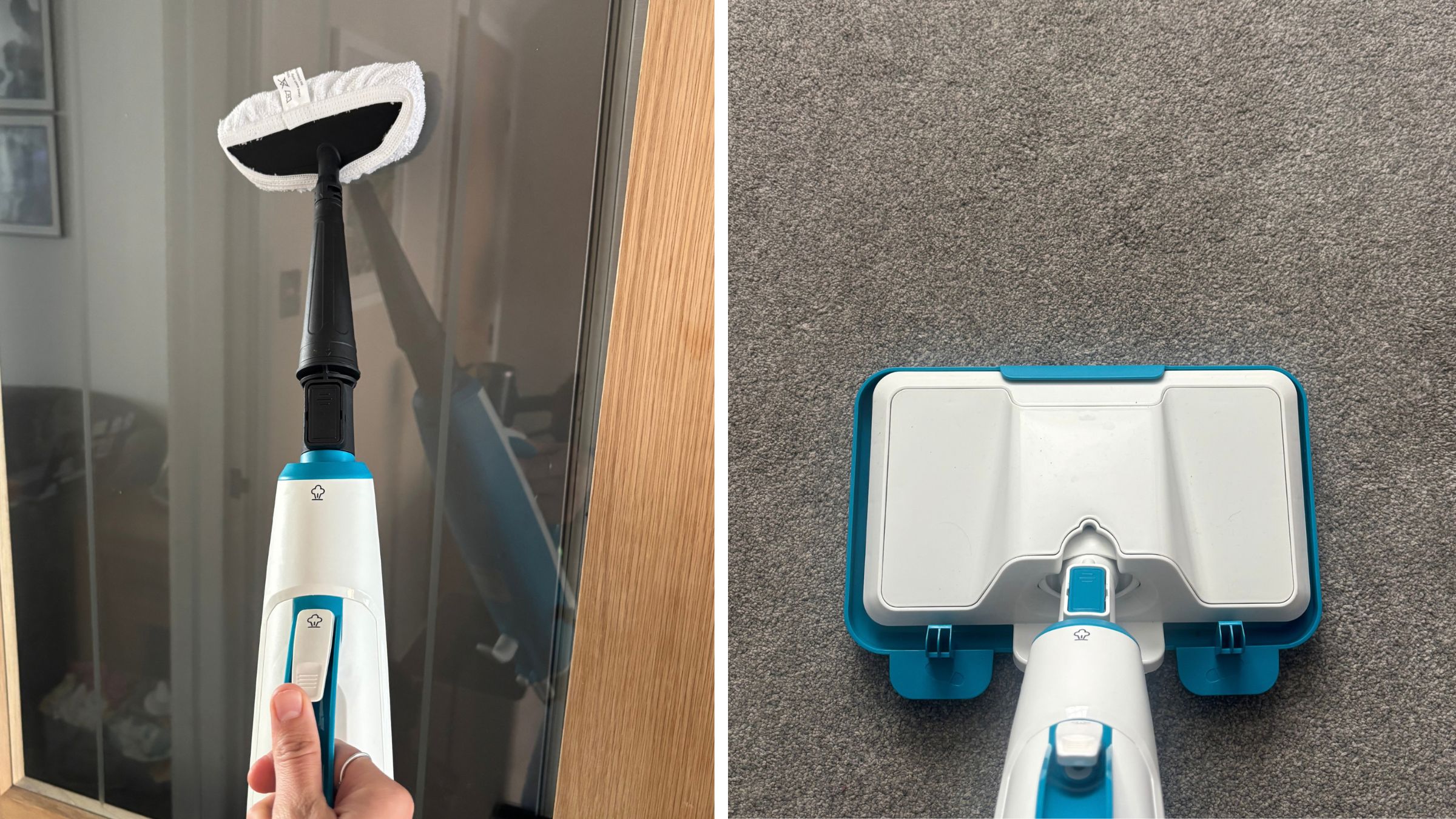 Russell Hobbs steam cleaner being used to steam windows on the left, and grey carpets on the right
