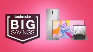 Samsung refrigerator,Samsung QLED TV, and HP laptop on pink backround