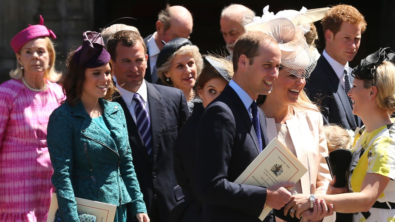 Members of the Royal Family standing in the sun outside Westminster Abbey including the Duchess of Kent, Princess Eugenie, Prince William, Princess Kate, Zara Tindall, Prince Harry