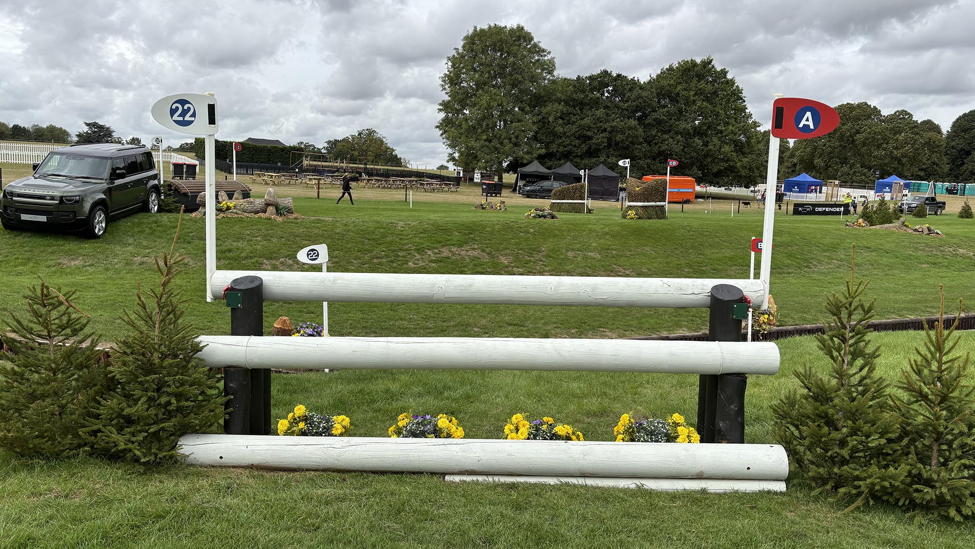 Fence made of three white rails on the Burghley cross-country course 2026