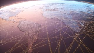 Animated aerial view of the earth showing satellite data connections as yellow lines around the planet