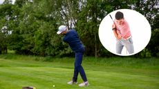 Barry Plummer hitting a tee shot at Burhill Golf Club and an inset image of Josh Mayo demonstrating effective turn in the golf swing