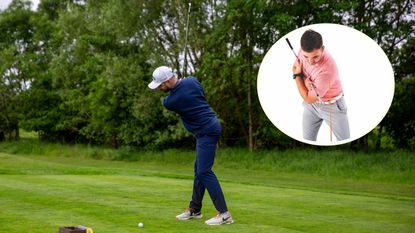 Barry Plummer hitting a tee shot at Burhill Golf Club and an inset image of Josh Mayo demonstrating effective turn in the golf swing