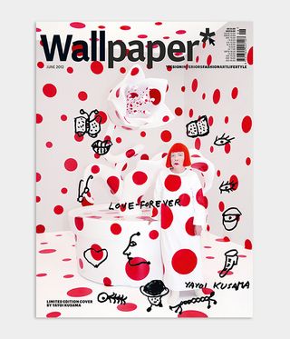 Japanese artist Yayoi Kusama Wallpaper* magazine cover design featuring red polka dots and a message of love forever for the June 2012 issue