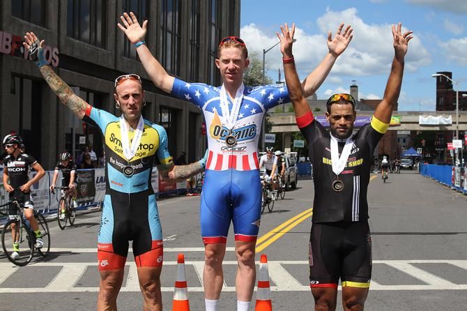 Men&rsquo;s podium: 2nd place Adam Myerson (Team SmartStop), 1st place Daniel Holloway (Athlete Octane), 3rd place Deivy Capellian (Team Somerville Bicycle Shop) Congratulations to All!