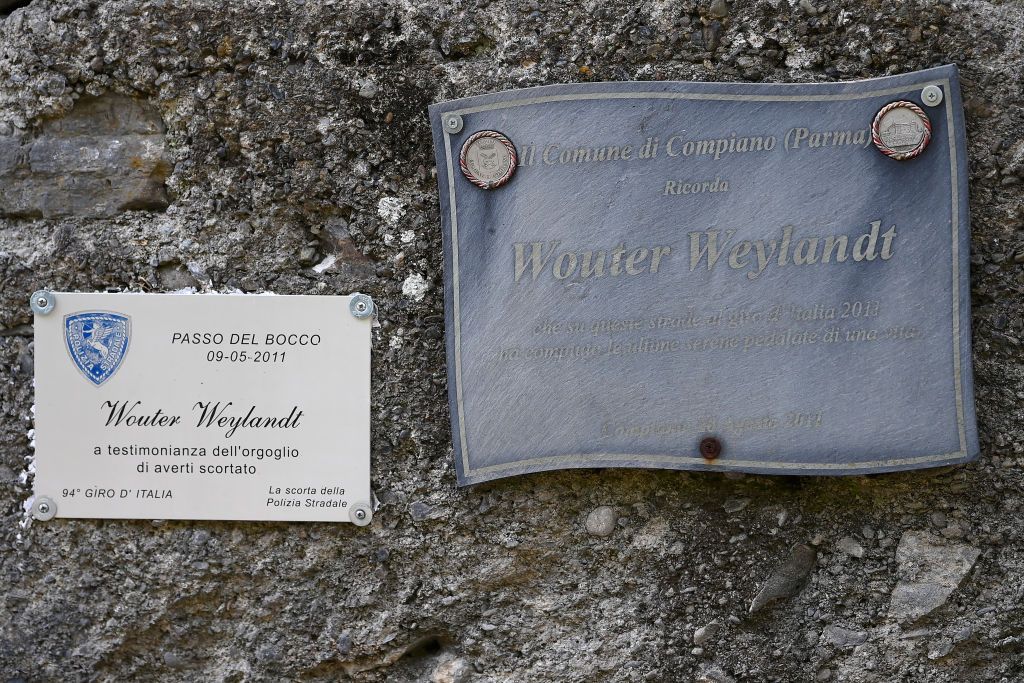 GENOA ITALY MAY 19 Detailed view of monument in memory of Wouter Weylandt of Belgium who died at Passo Del Bocco in 2011 during the 105th Giro dItalia 2022 Stage 12 a 204km stage from Parma to Genova Giro WorldTour on May 19 2022 in Genoa Italy Photo by Tim de WaeleGetty Images