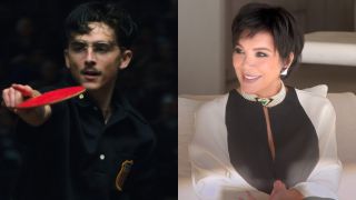 From left to right: Timothee Chalamet as Marty holding a ping pong paddle and pointing in Marty Surpeme and Kris Jenner sitting on a couch and smiling.