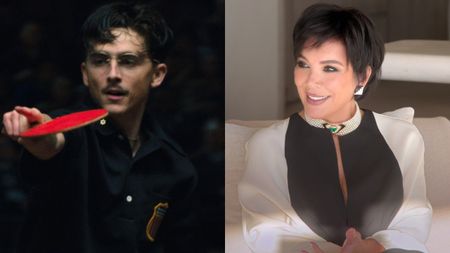 From left to right: Timothee Chalamet as Marty holding a ping pong paddle and pointing in Marty Surpeme and Kris Jenner sitting on a couch and smiling. 