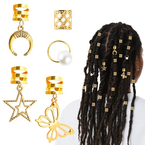 Hair Jewelry for Braids, 25pcs Gold Dreadlock Accessories, Adjustable Metal Hair Cuffs With Butterfly Star Moon Pendants, Rings Charms for Locs, Braid Clips for Black Women