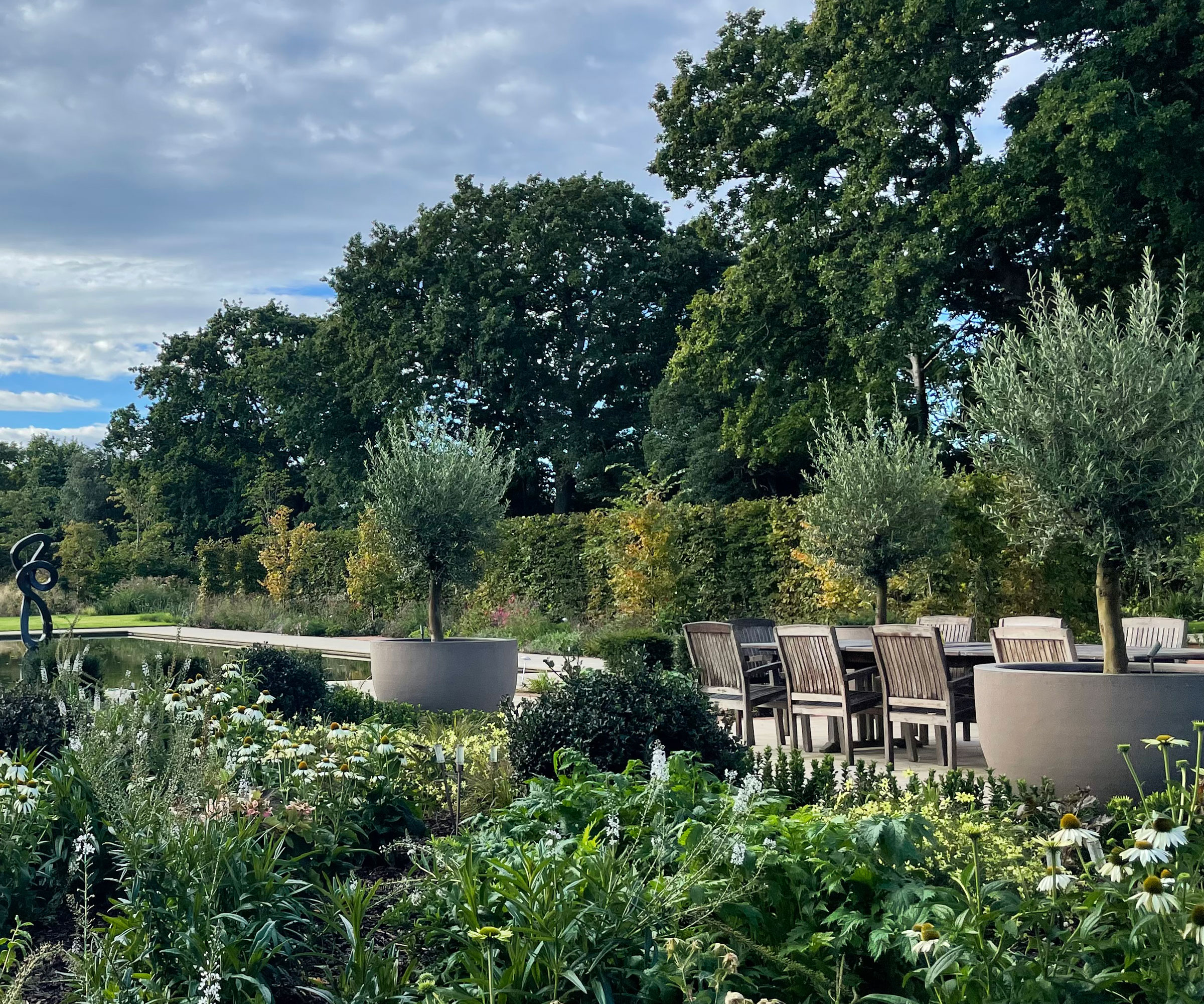 garden design with large water feature and sculpture, planting beds, olive trees in large planters and garden furniture set, with tall trees and sky in the background