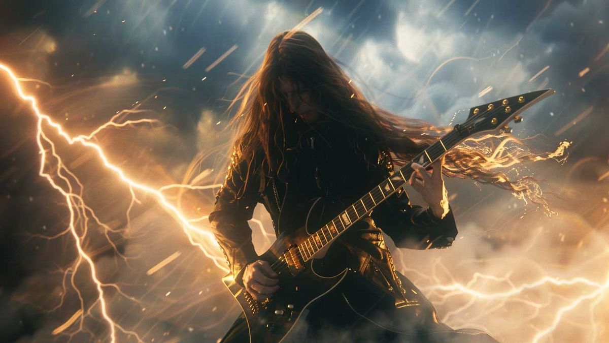 A guitarist playing in an electrical storm 