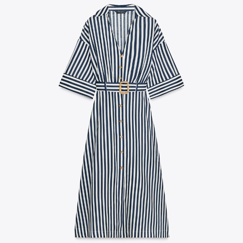 STRIPED LINEN BLEND MIDI DRESS