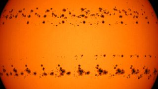A close up shot of the evolving sunspots.