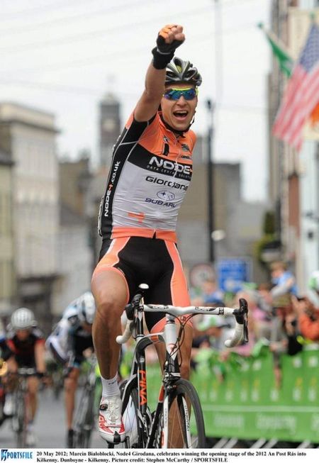 Marcin Bialoblocki (Node4 Girodana) celebrates winning the opening stage of the 2012 An Post R