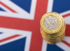 Pile of pound coins on Union Jack flag