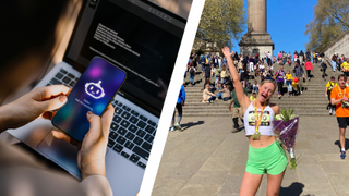 a photo of someone using an AI chat service next to a photo of Tom's Guide writer Jessica Downey at the London Landmarks Half Marathon