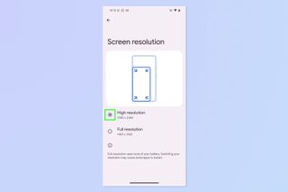 A screenshot showing how to adjust and lower screen resolution on Google Pixel phones