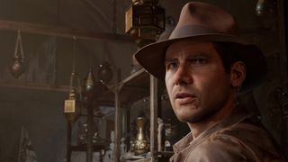 Indiana Jones and the Great Circle: Indy looking shocked in a store during the new Indiana Jones game.