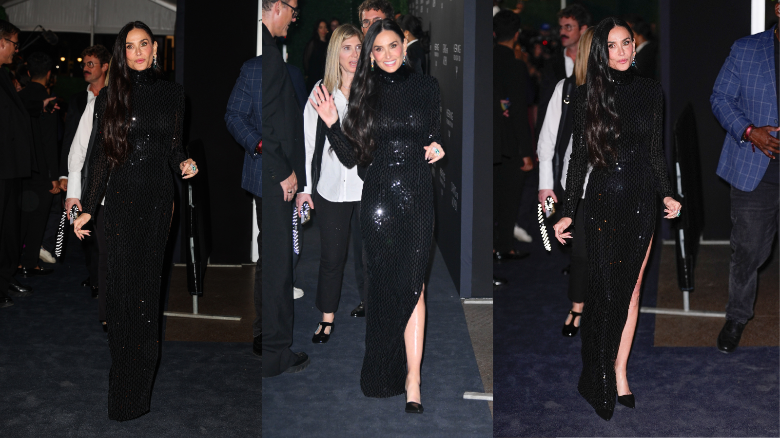 Demi Moore wearing a black sequin maxi dress