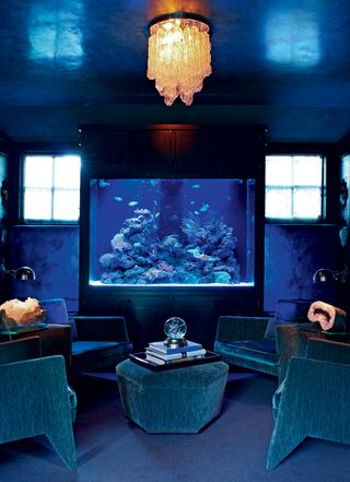 Blue seating area with large fish tank