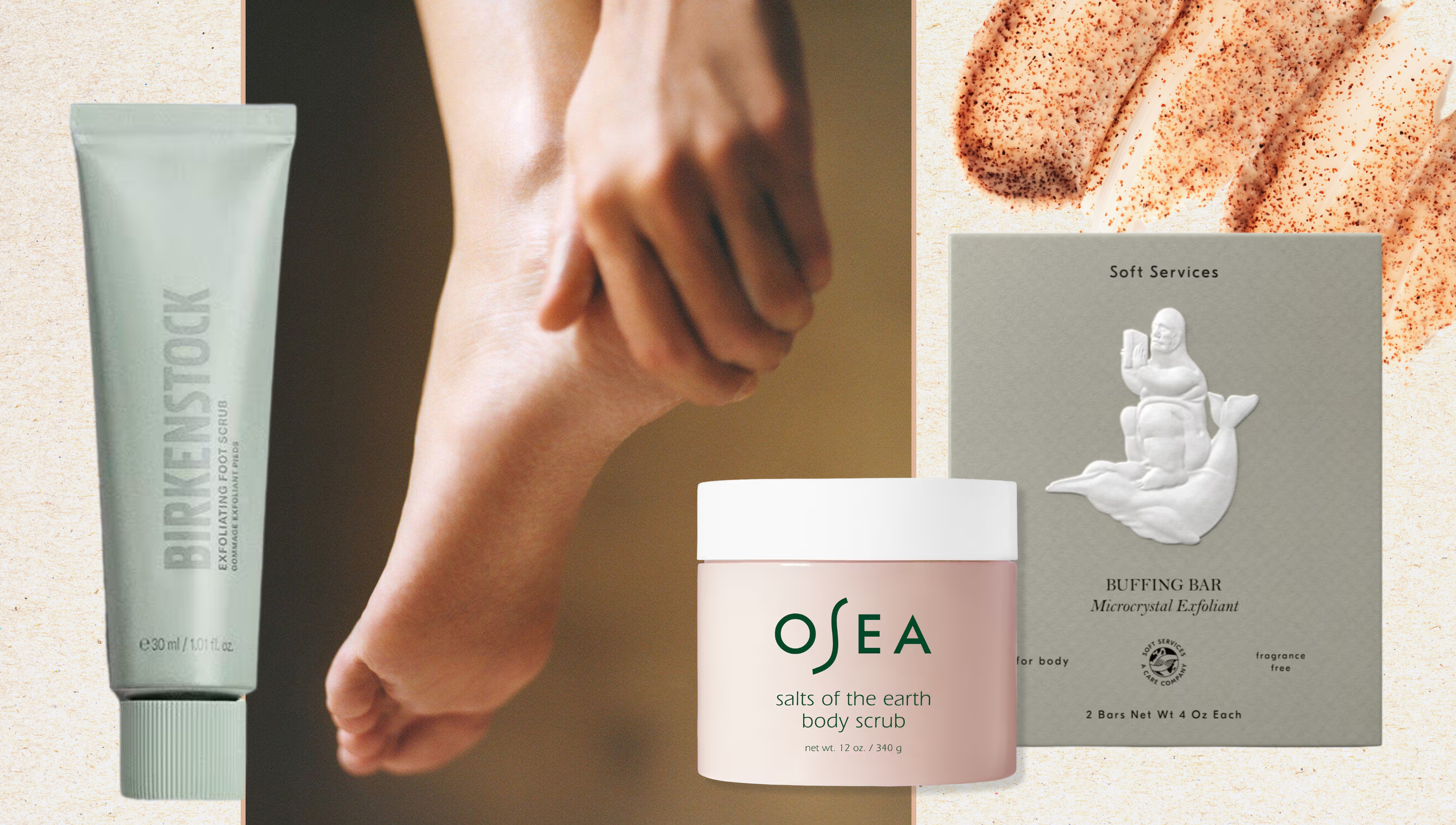 feet smooth from foot scrub on a beige background next to a sugar scrub and foot scrub products