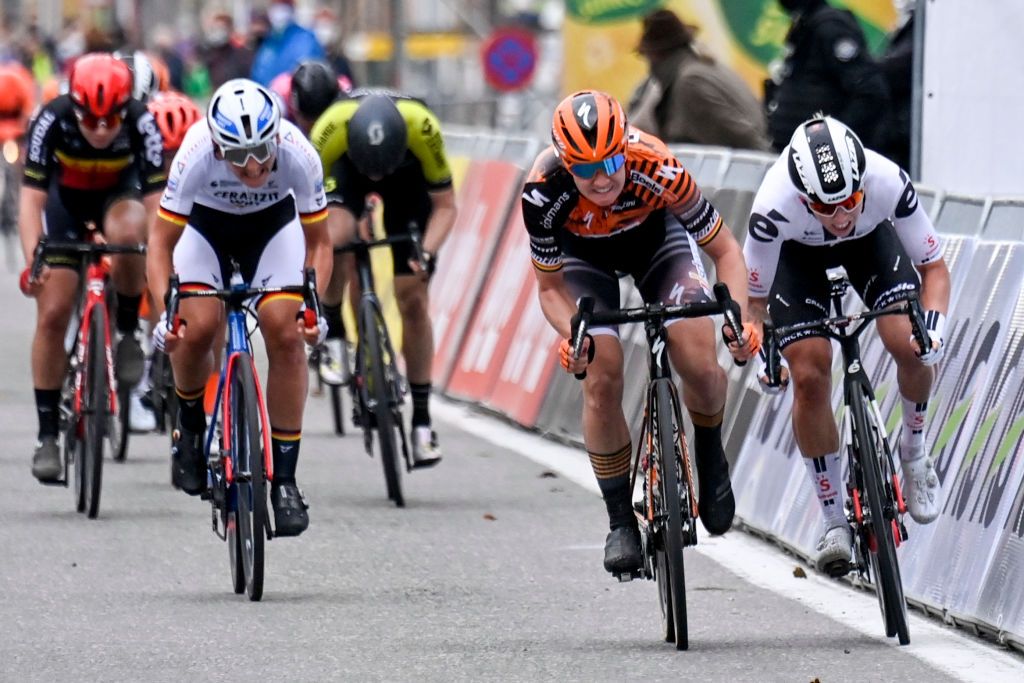 Belgian Jolien DHoore and Lorena Wiebes pictured in action during the final sprint at the womens elite stage of the Driedaagse Brugge De Panne cycling race 156km from Brugge to De Panne Tuesday 20 October 2020 BELGA PHOTO ERIC LALMAND Photo by ERIC LALMANDBELGA MAGAFP via Getty Images