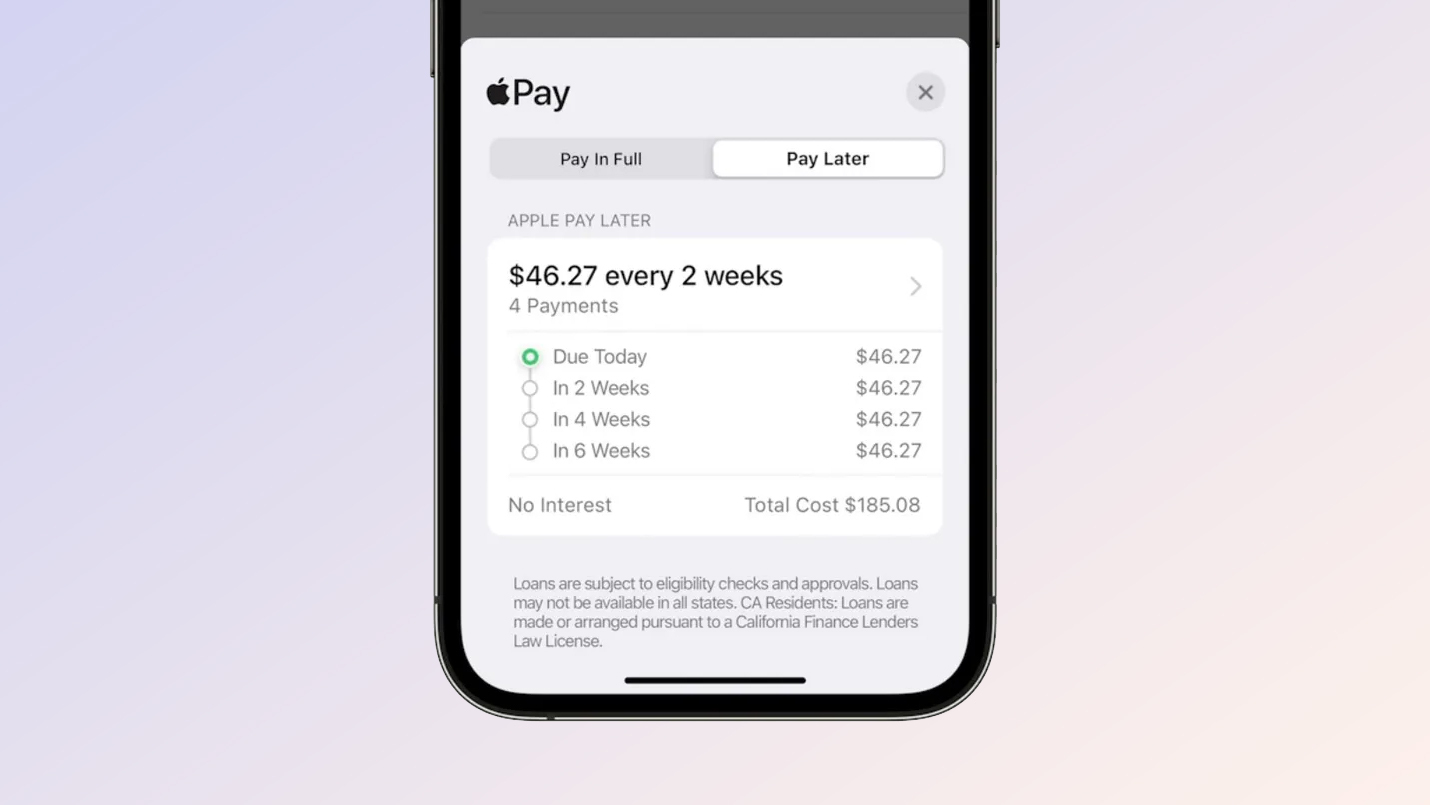 Captură de ecran cu Apple Pay Later în aplicația Apple Wallet pentru iOS 16