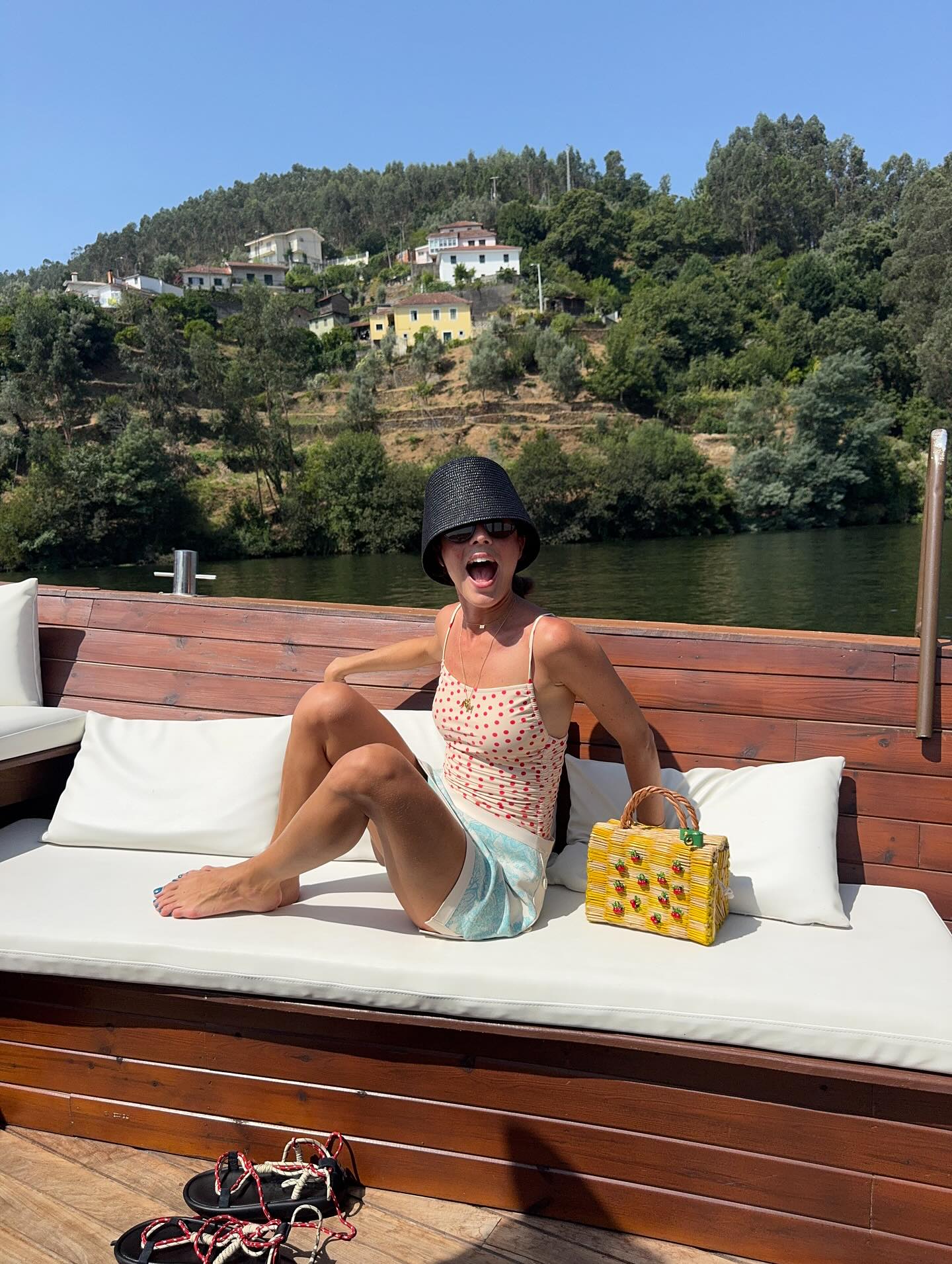 Victoria Montanari in a lake outfit.