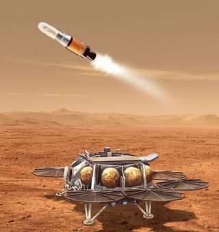 An illustration depicting a concept for NASA's Sample Retrieval Lander. This heavy-class lander, built for precision landing, will tote the Mars Ascent Vehicle and two mini-helicopters.