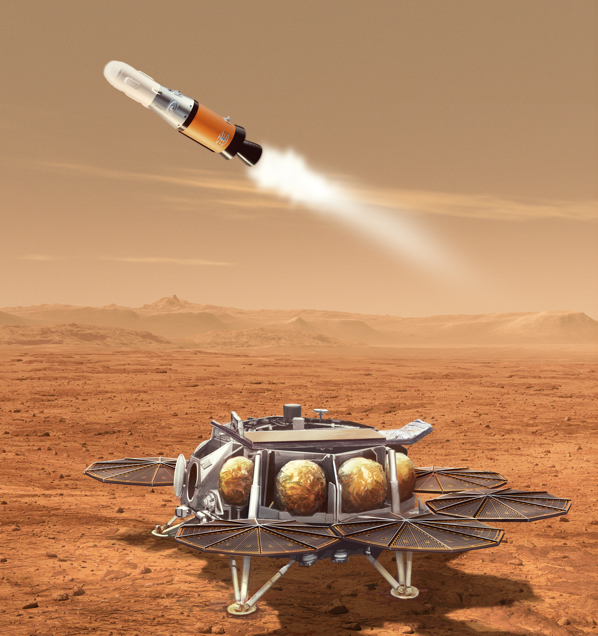 Une illustration représentant un concept pour l'atterrisseur de récupération d'échantillons de la NASA.  Cet atterrisseur de classe lourde, conçu pour un atterrissage de précision, tuera le Mars Ascent Vehicle et deux mini-hélicoptères.