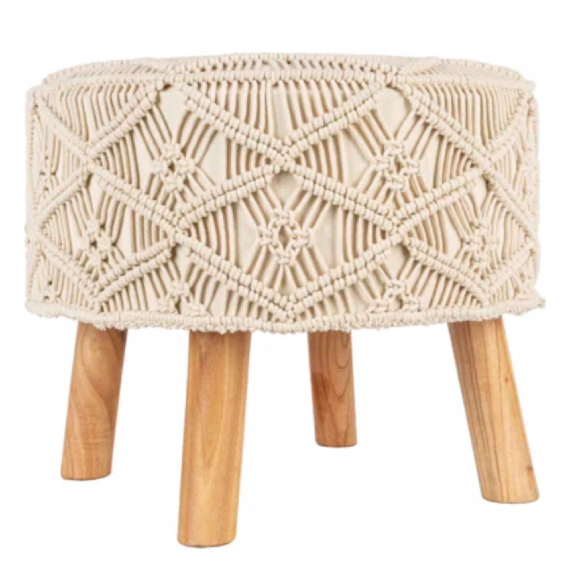 Boho style low cream macrame stool with wooden legs