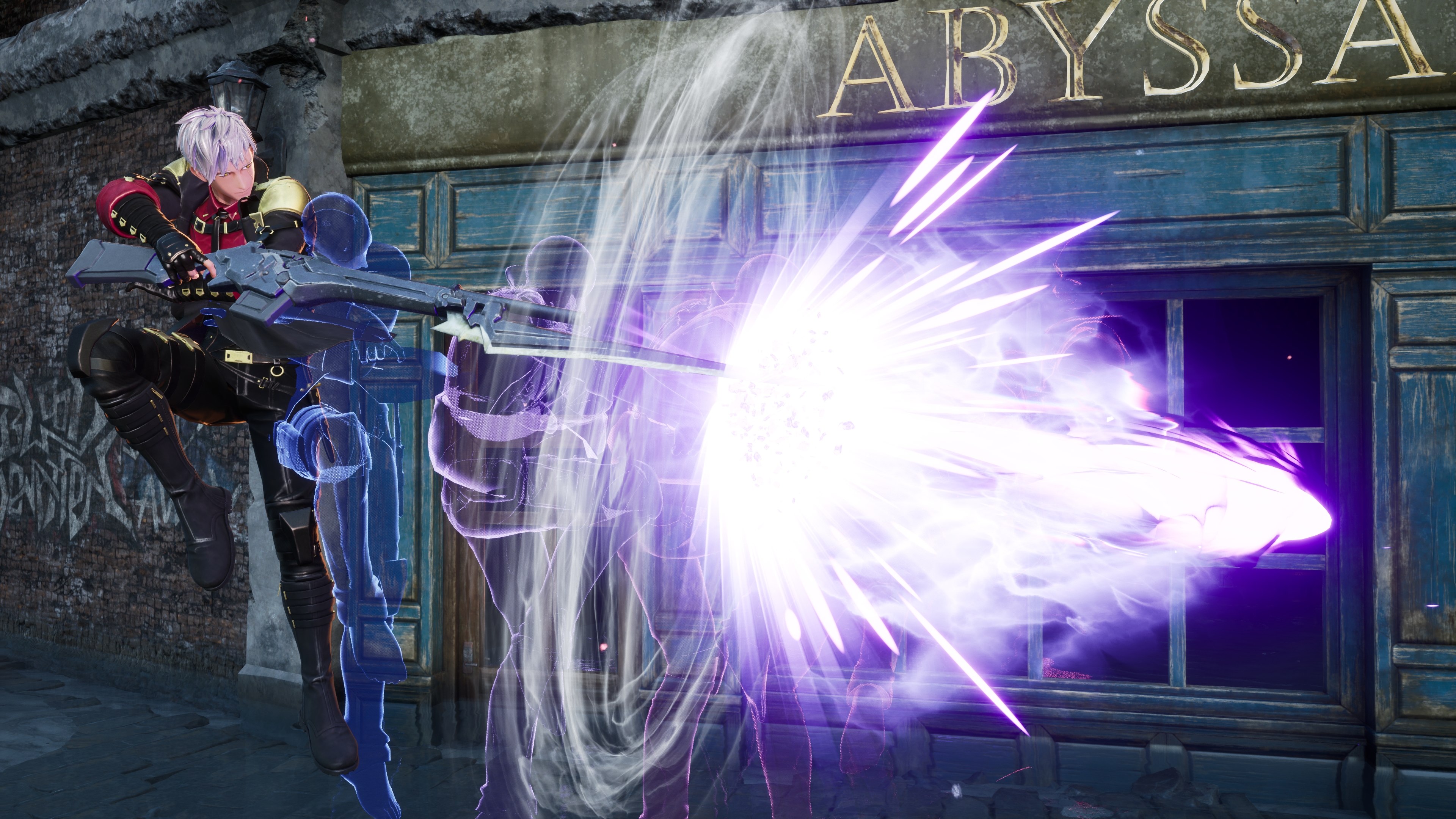 Code Vein 2 screenshot showing a character with overlapping spirits firing a giant energy blast in front of a store