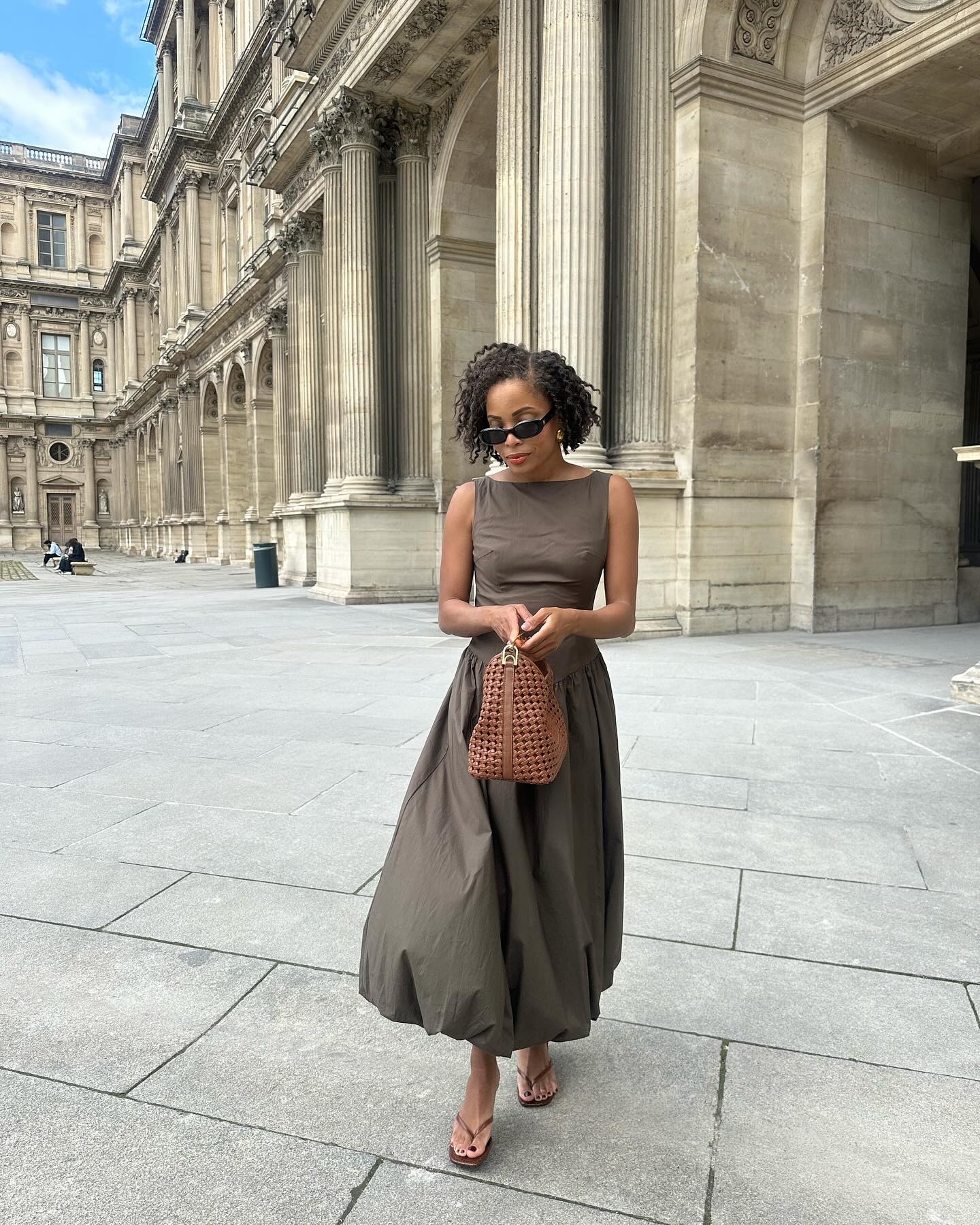 Creator @slipintostyle in Paris wearing brown heels with a brown pedicure
