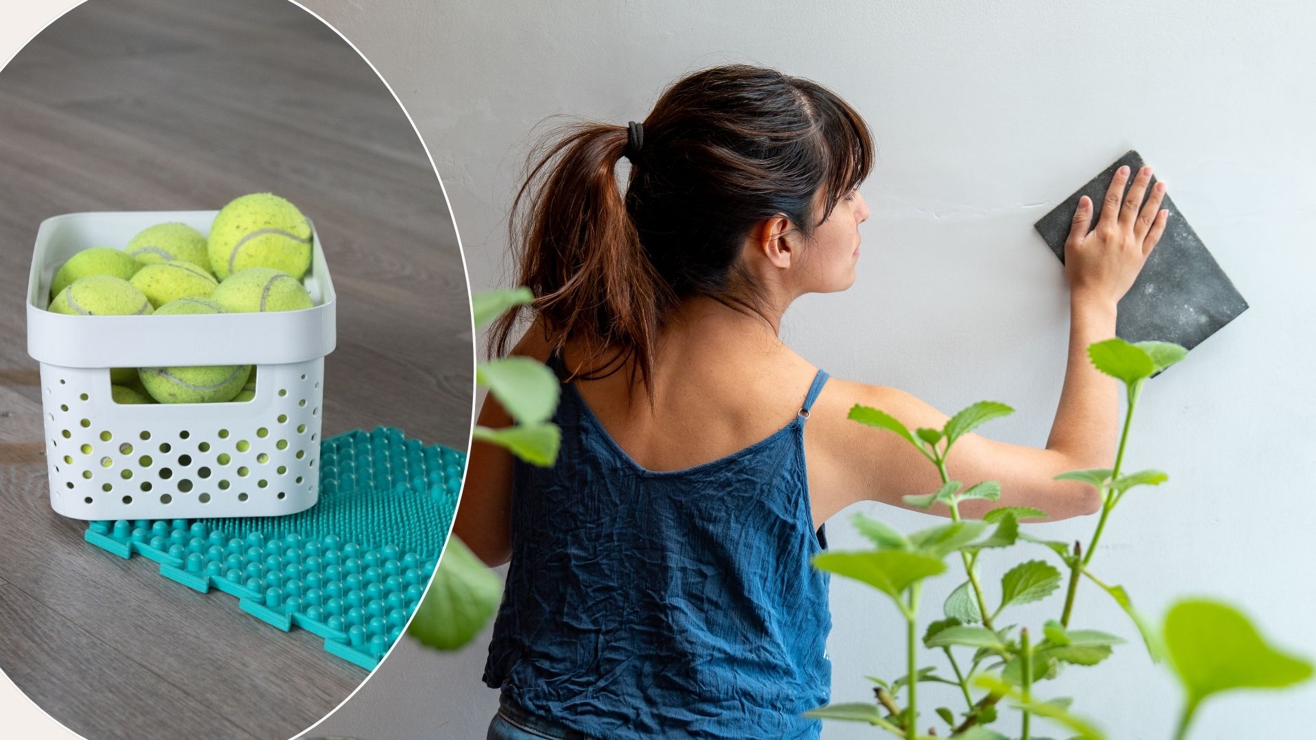 L-a basket of tennis balls on a floor, R- A woman cleaning her walls