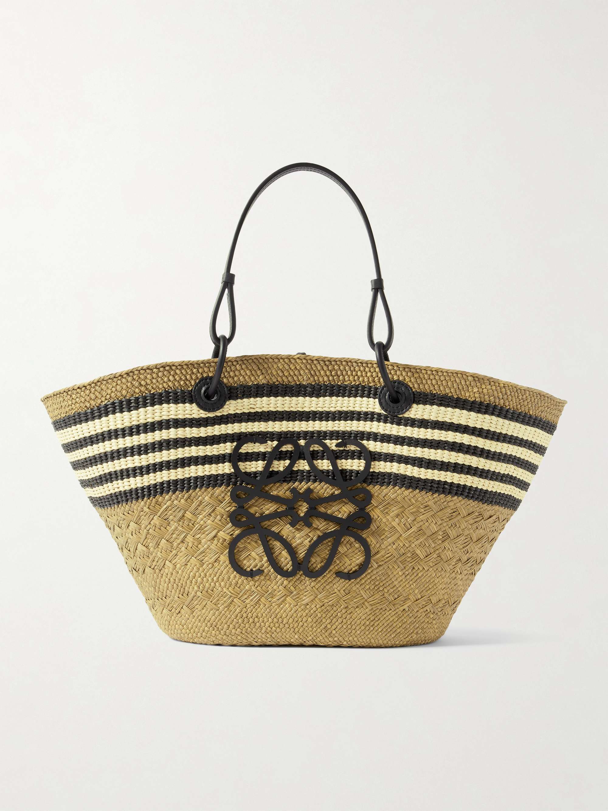 + Paula's Ibiza Anagram Basket Medium Leather-Trimmed Striped Raffia Tote