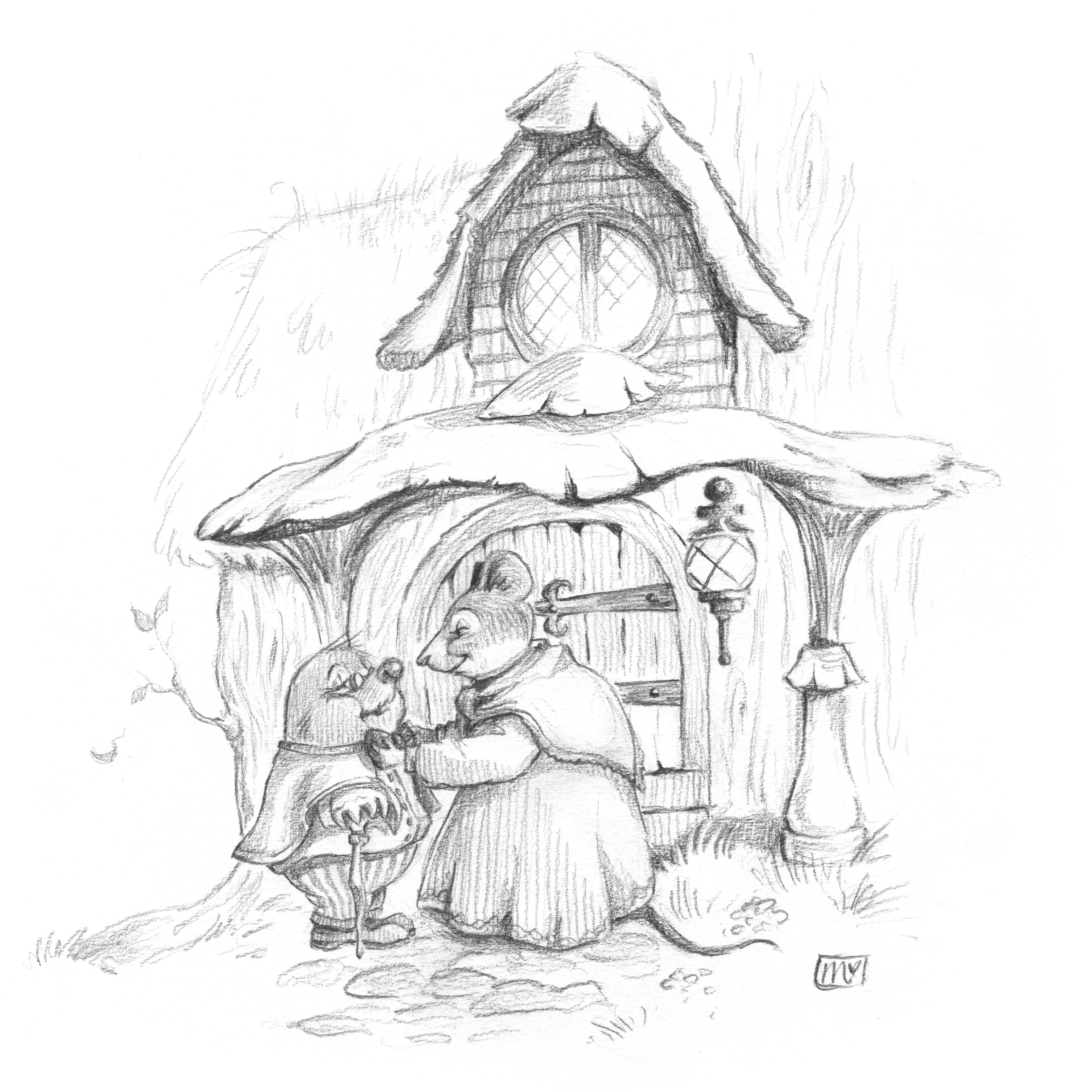 Storyful characters; a cartoon of a mouse and a mole outside a little house