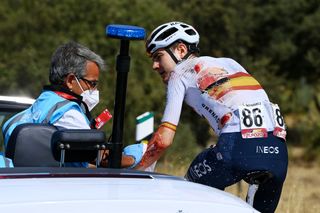 ALTO DEL PIORNAL SPAIN SEPTEMBER 08 Carlos Rodriguez Cano of Spain and Team INEOS Grenadiers is assisted by the medical team after the crash during the 77th Tour of Spain 2022 Stage 18 a 192km stage from Trujillo to Alto del Piornal 1163m LaVuelta22 WorldTour on September 08 2022 in Alto del Piornal Caceres Spain Photo by Tim de WaeleGetty Images