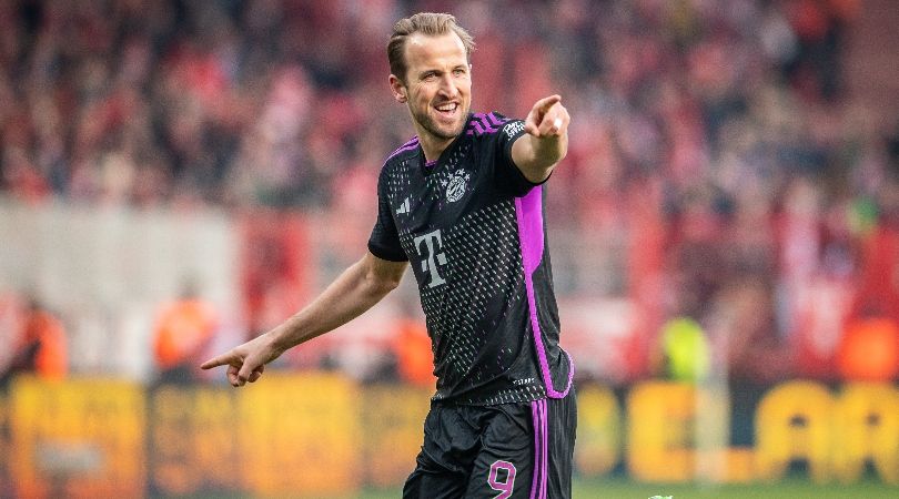 Harry Kane celebrates after scoring for Bayern Munich against Union Berlin in April 2024.