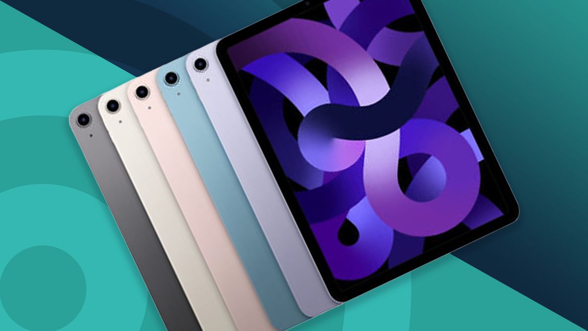 A stack of iPad Air 5s, the best school tablet, against a techradar background