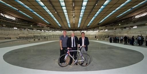 Hoy, London Mayor Boris Johnson and London 2012 chief Lord Sebastian Coe at the velodrome.