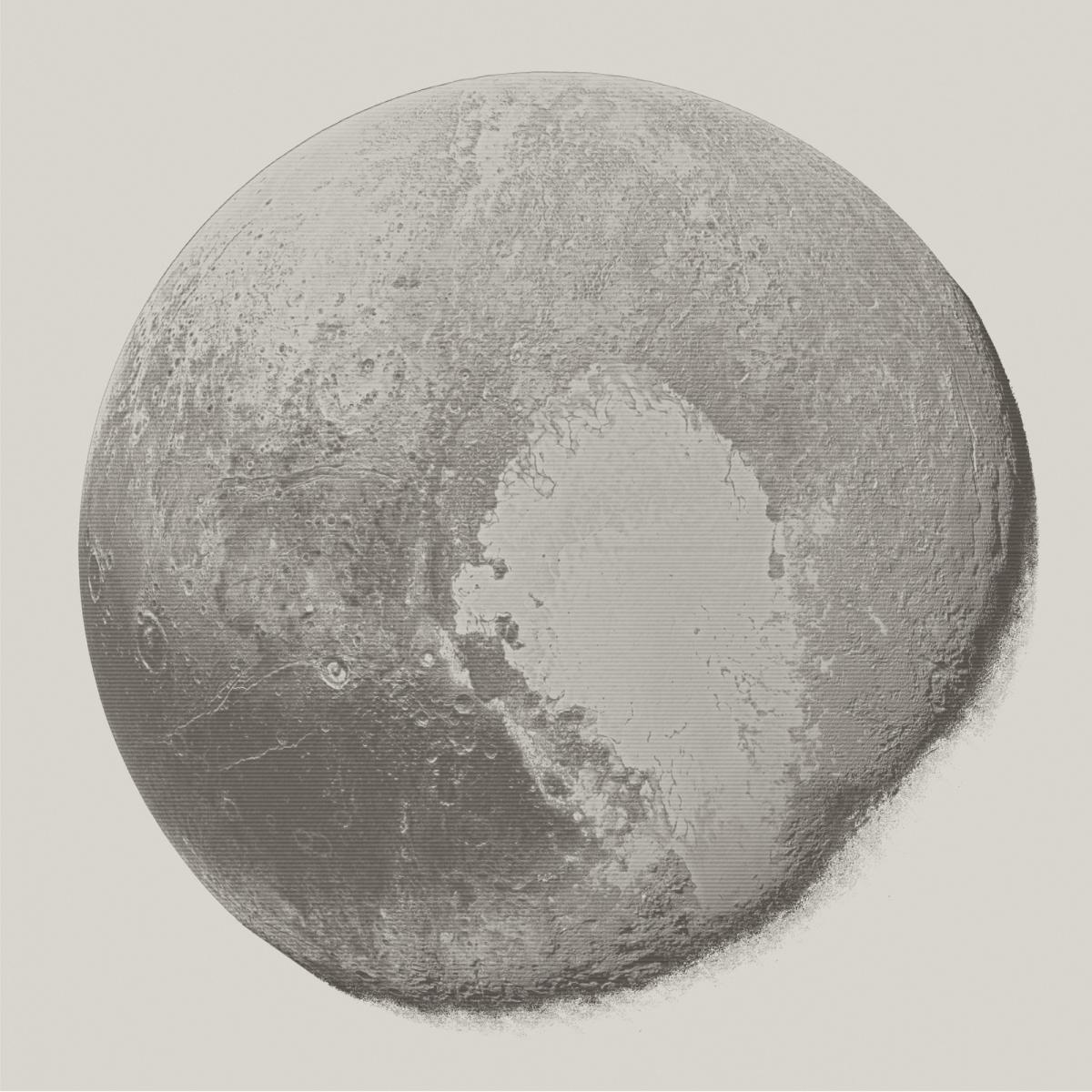 A dull colored, stylized image of the New Horizons Pluto image.