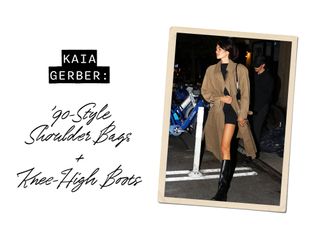 Kaia Gerber wearing brown trench coat, black minidress, and tall knee-high boots